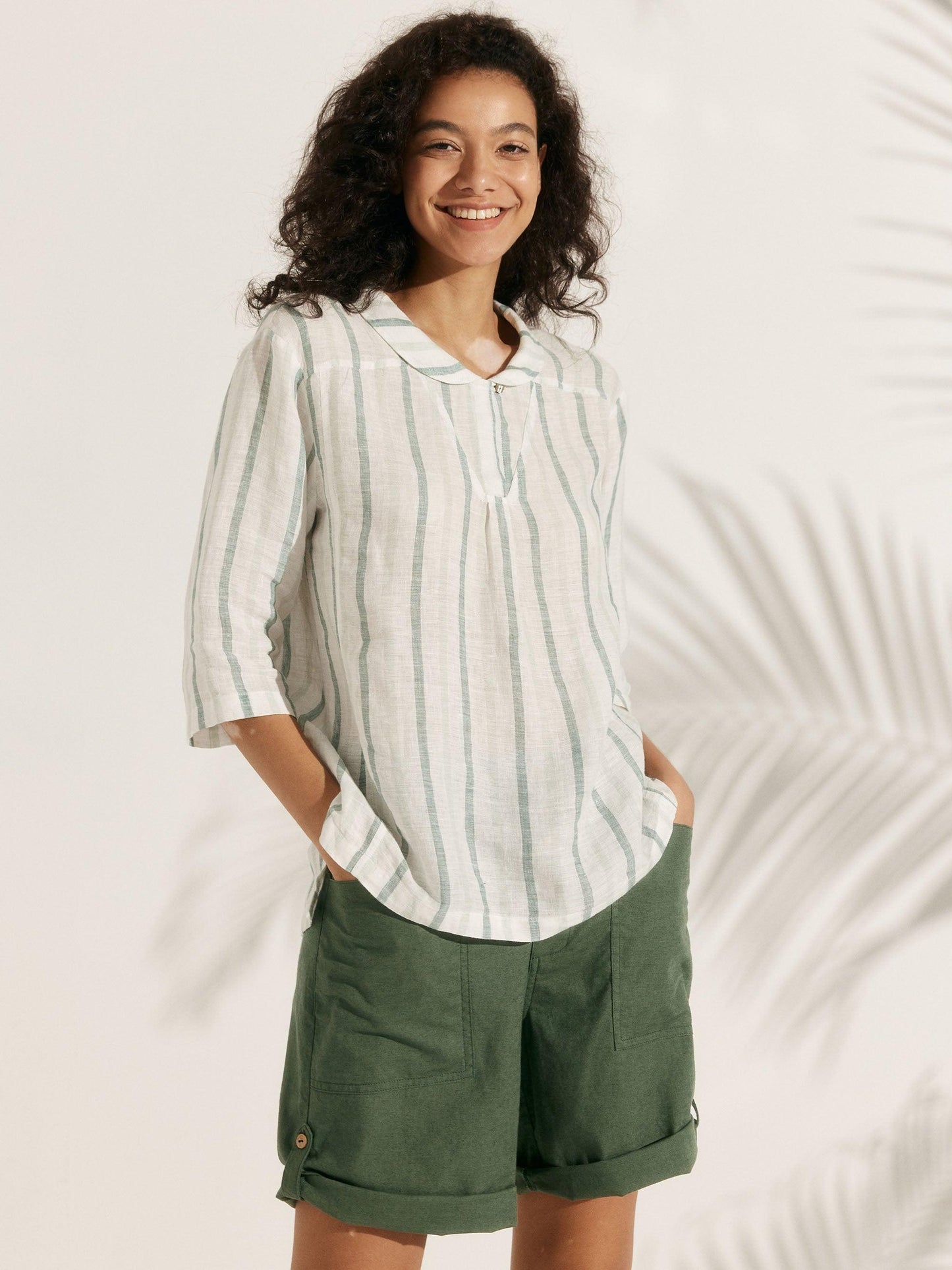 100% Linen Stripe Shawl V-Neck Half Sleeve Top JADE LINTICO