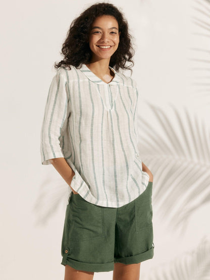 100% Linen Stripe Shawl V-Neck Half Sleeve Top JADE LINTICO