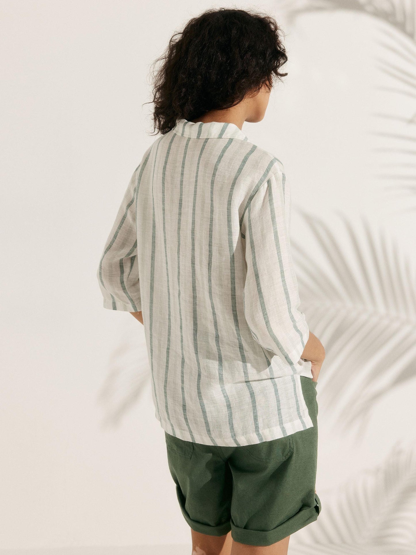 100% Linen Stripe Shawl V-Neck Half Sleeve Top JADE LINTICO