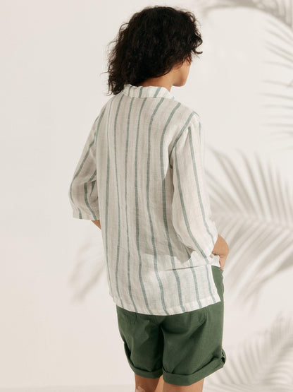 100% Linen Stripe Shawl V-Neck Half Sleeve Top JADE LINTICO