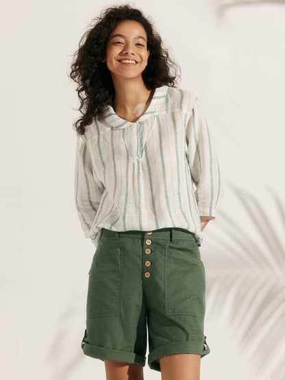 100% Linen Stripe Shawl V-Neck Half Sleeve Top JADE LINTICO