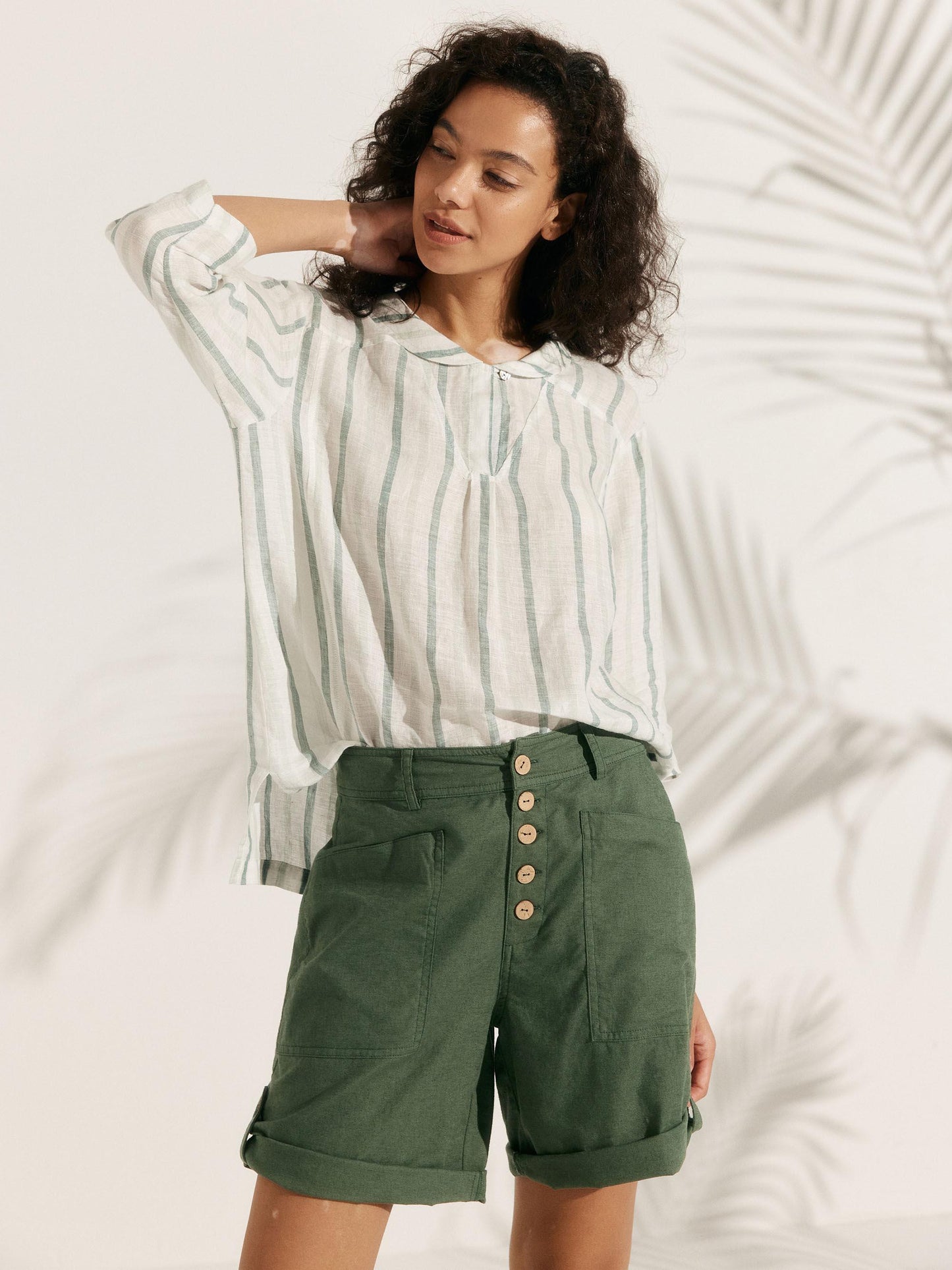100% Linen Stripe Shawl V-Neck Half Sleeve Top JADE LINTICO