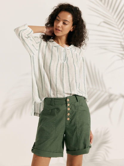 100% Linen Stripe Shawl V-Neck Half Sleeve Top JADE LINTICO