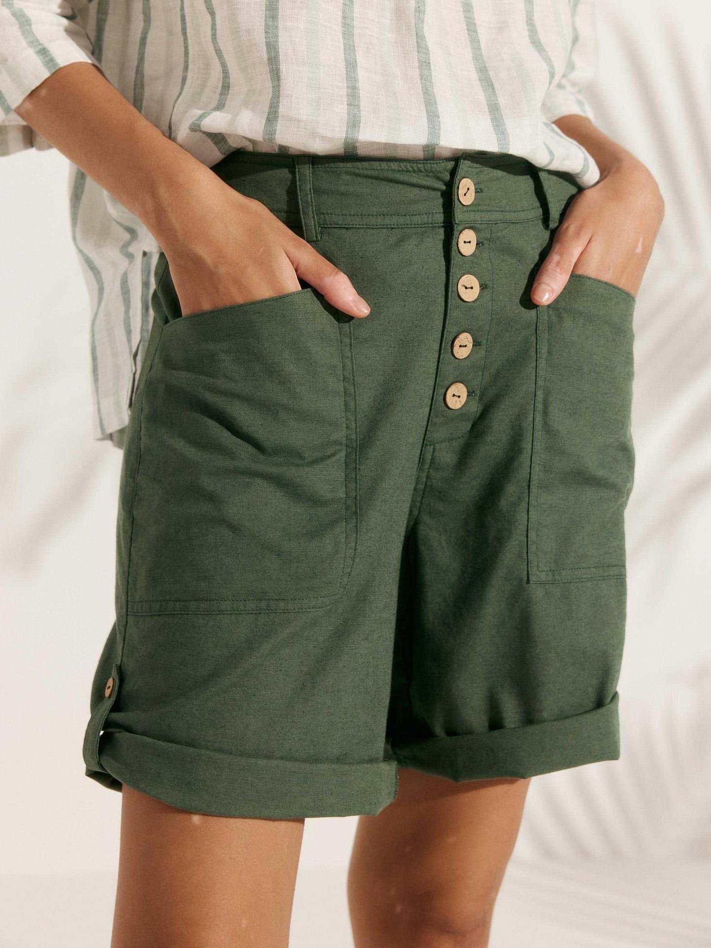 Linen Button-Fly Quarter Shorts LUCY