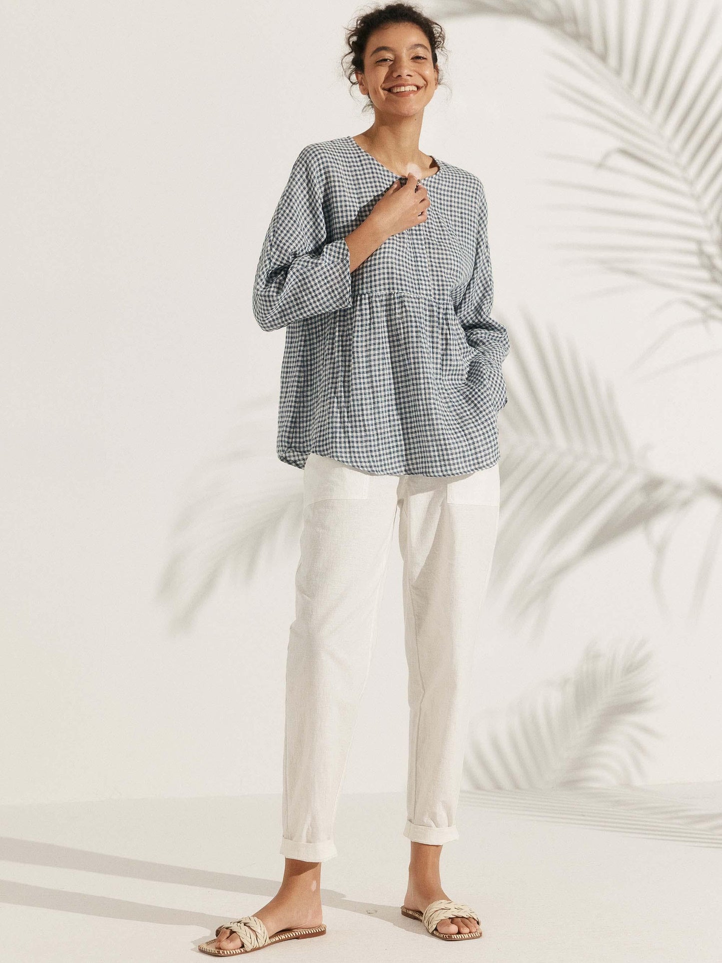 Linen Checked Long-Sleeved Top CAROLINE LINTICO