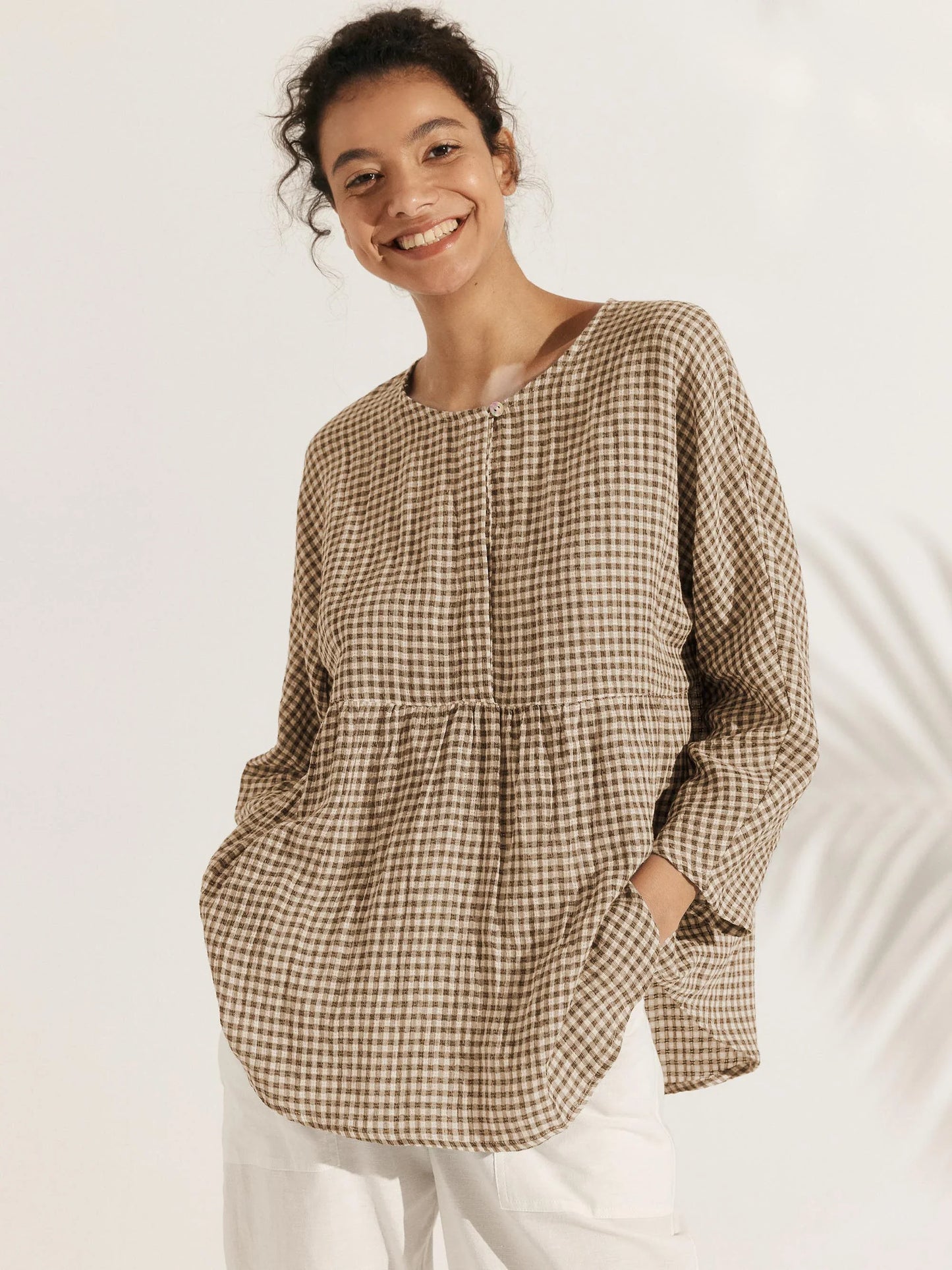 Linen Checked Long-Sleeved Top CAROLINE LINTICO