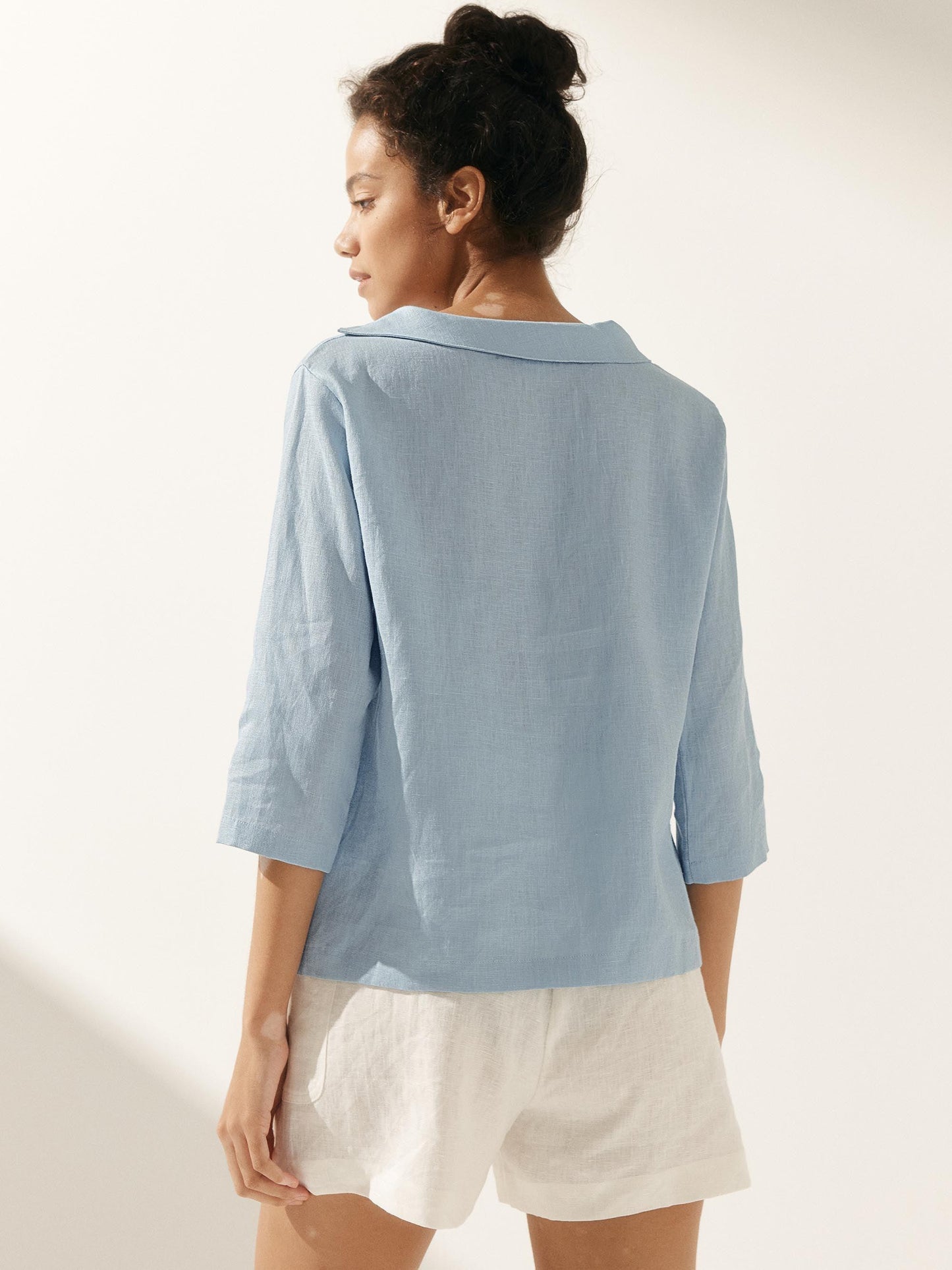Linen Gingham Checked Round Soft-Fold Collar Top LAURA