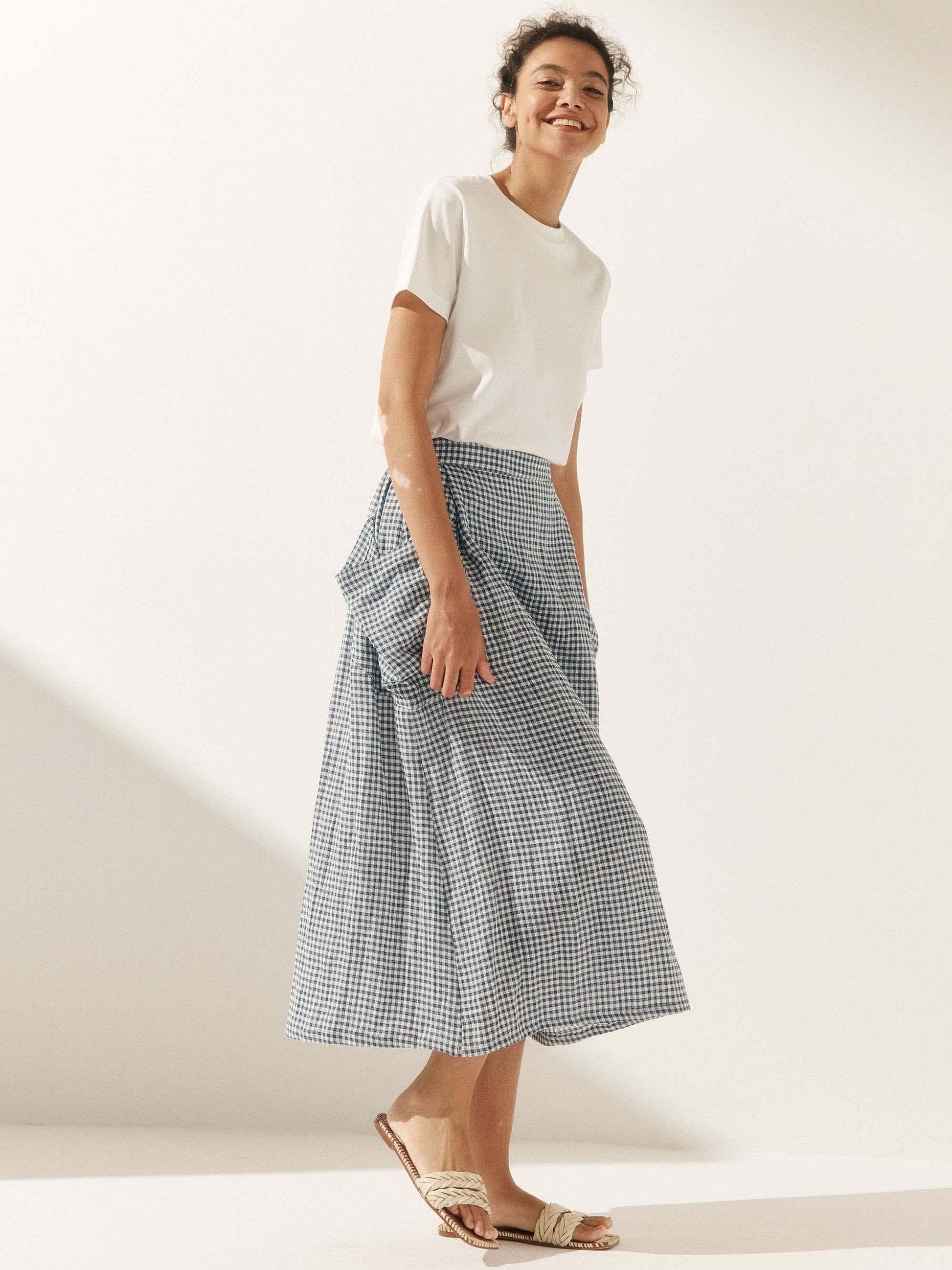 Linen Checked Elastic Waist Skirt MARINA LINTICO