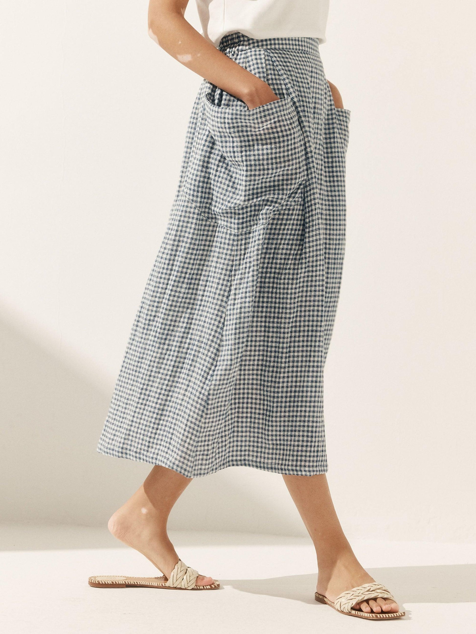 Linen Checked Elastic Waist Skirt MARINA LINTICO