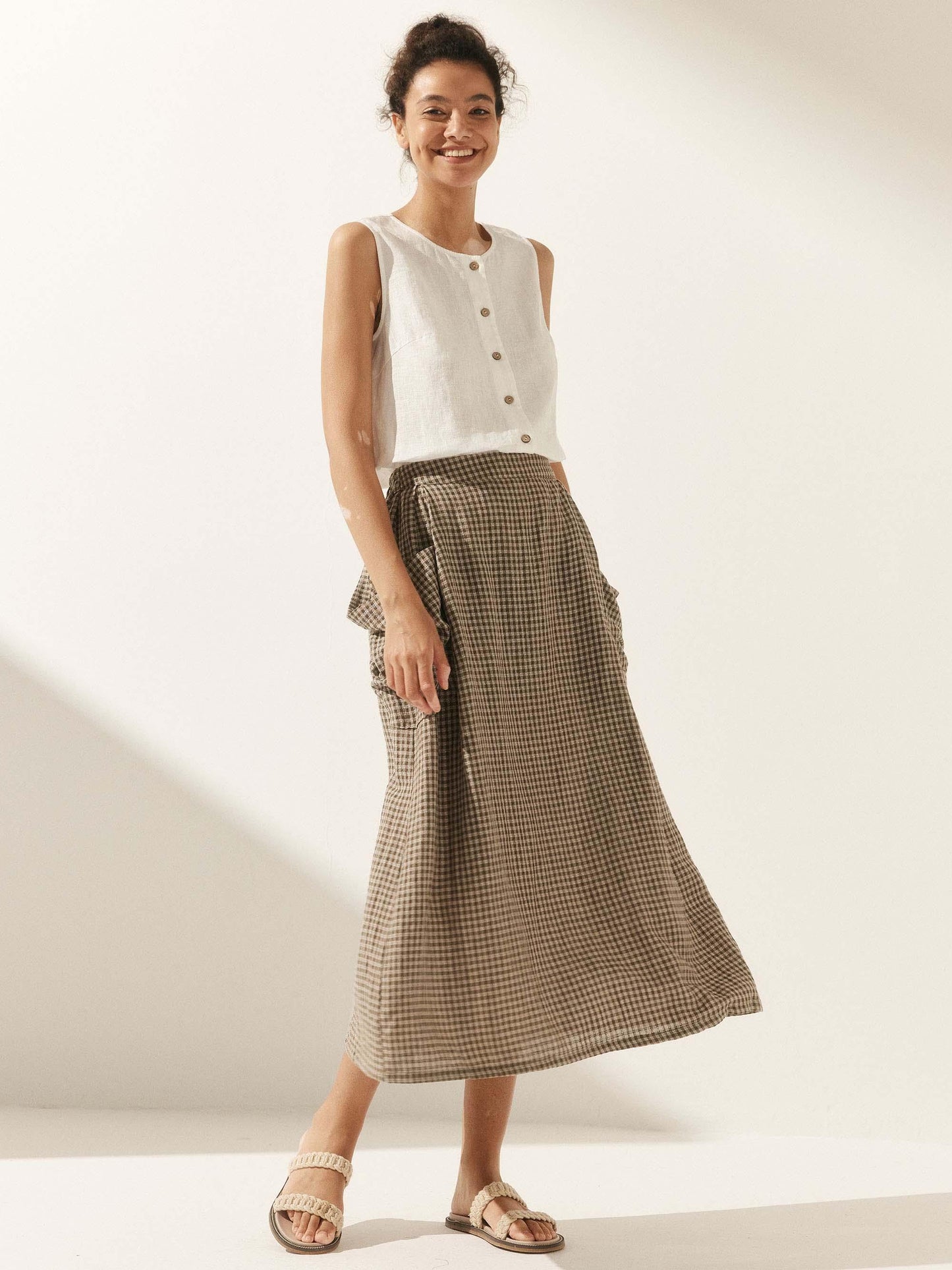 Linen Checked Elastic Waist Skirt MARINA LINTICO