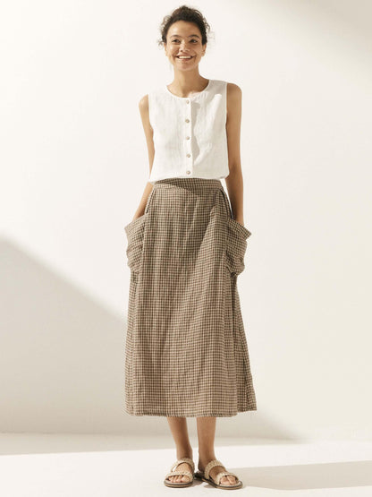 Linen Checked Elastic Waist Skirt MARINA LINTICO