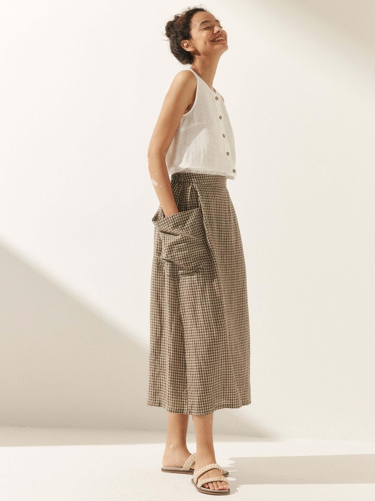 Linen Checked Elastic Waist Skirt MARINA LINTICO