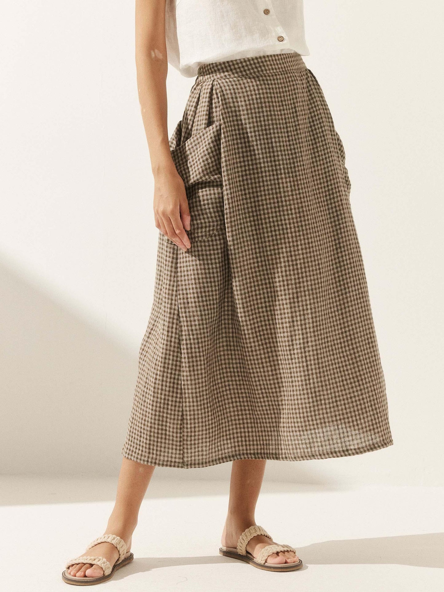 Linen Checked Elastic Waist Skirt MARINA LINTICO