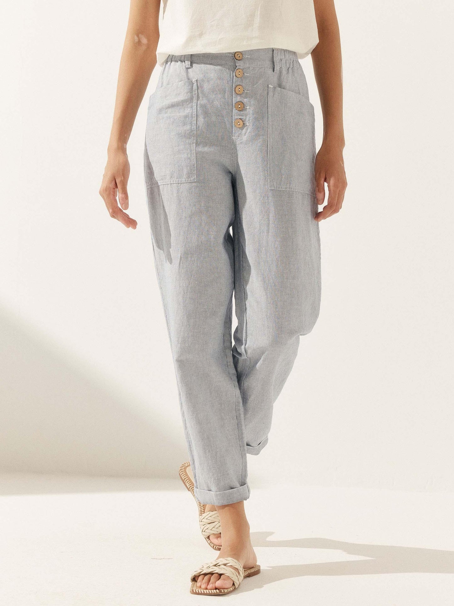 Linen Simple Button Fly Trousers HEIDI LINTICO