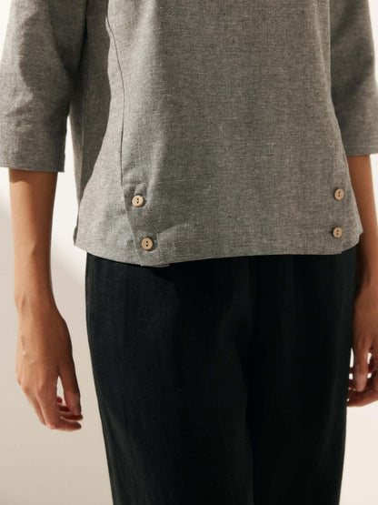 Linen Gingham Checked Round Soft-Fold Collar Top LAURA