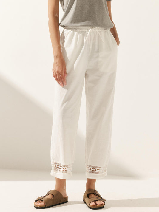 Linen Hollow Lace Stitching Elastic Waist Ankle Length Pants RITA