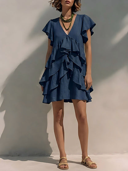 Women's V-Neck Ruffle Sleeve Casual Loose Dress FitiqueFit