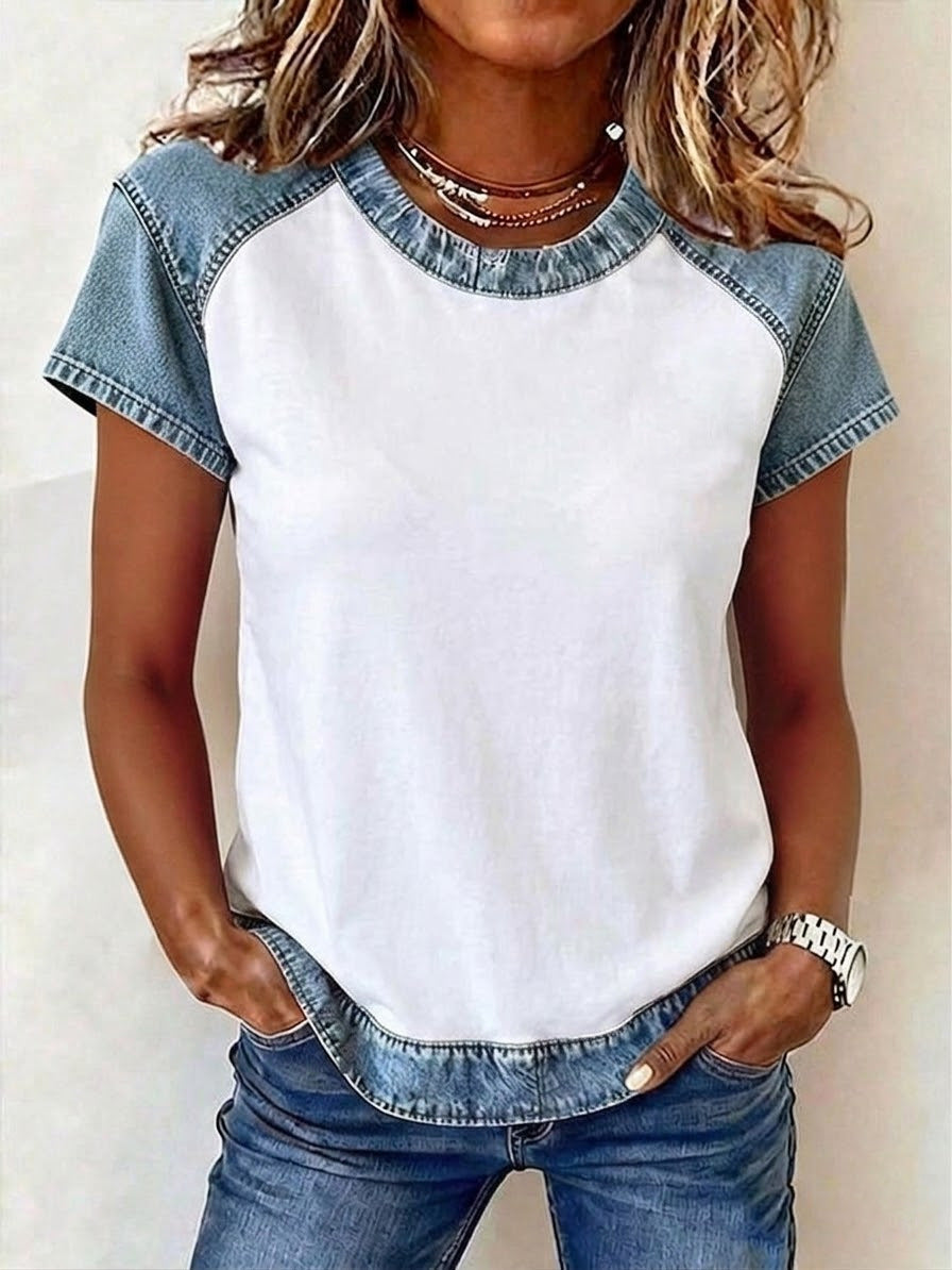 Women's Retro Denim Patchwork Short-Sleeve Shirt – Loose Fit FitiqueFit
