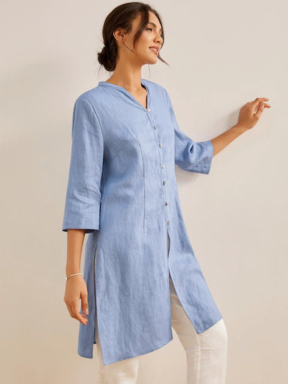 100% Linen Hand Button Long Top DILLON LINTICO