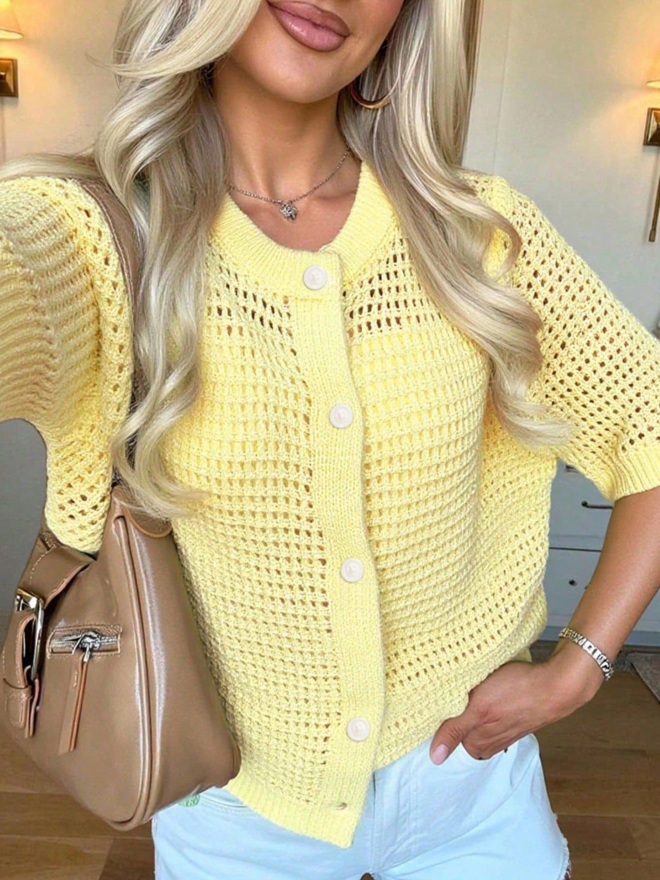 Women's Hollow-Out Knit Cardigan – Open Front, Short Sleeve, Solid Color FitiqueFit