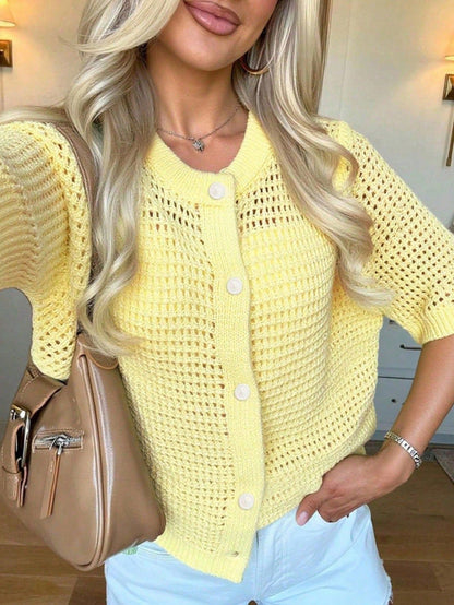 Women's Hollow-Out Knit Cardigan – Open Front, Short Sleeve, Solid Color FitiqueFit