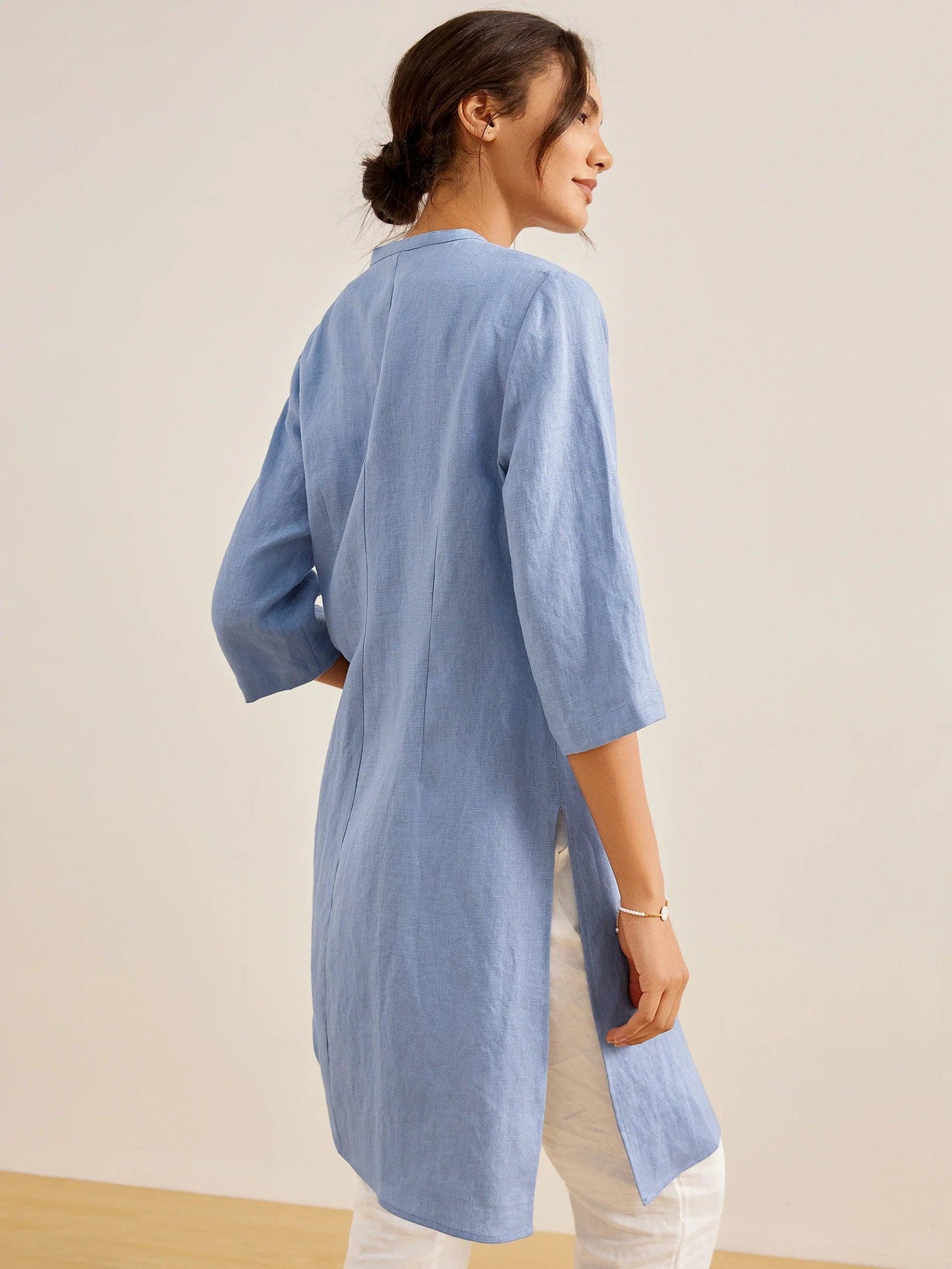 100% Linen Hand Button Long Top DILLON LINTICO