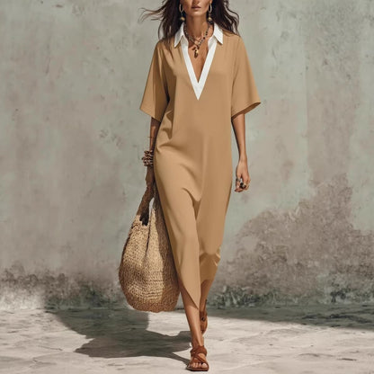 Women's V-Neck Loose Cropped-Sleeve Linen Midi Dress with Pockets FitiqueFit
