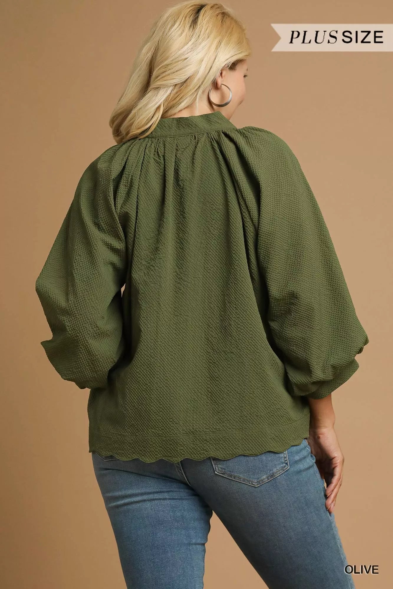 Umgee Full Size Textured Notched Balloon Sleeve Blouse Plus Size Garden Naked Curves