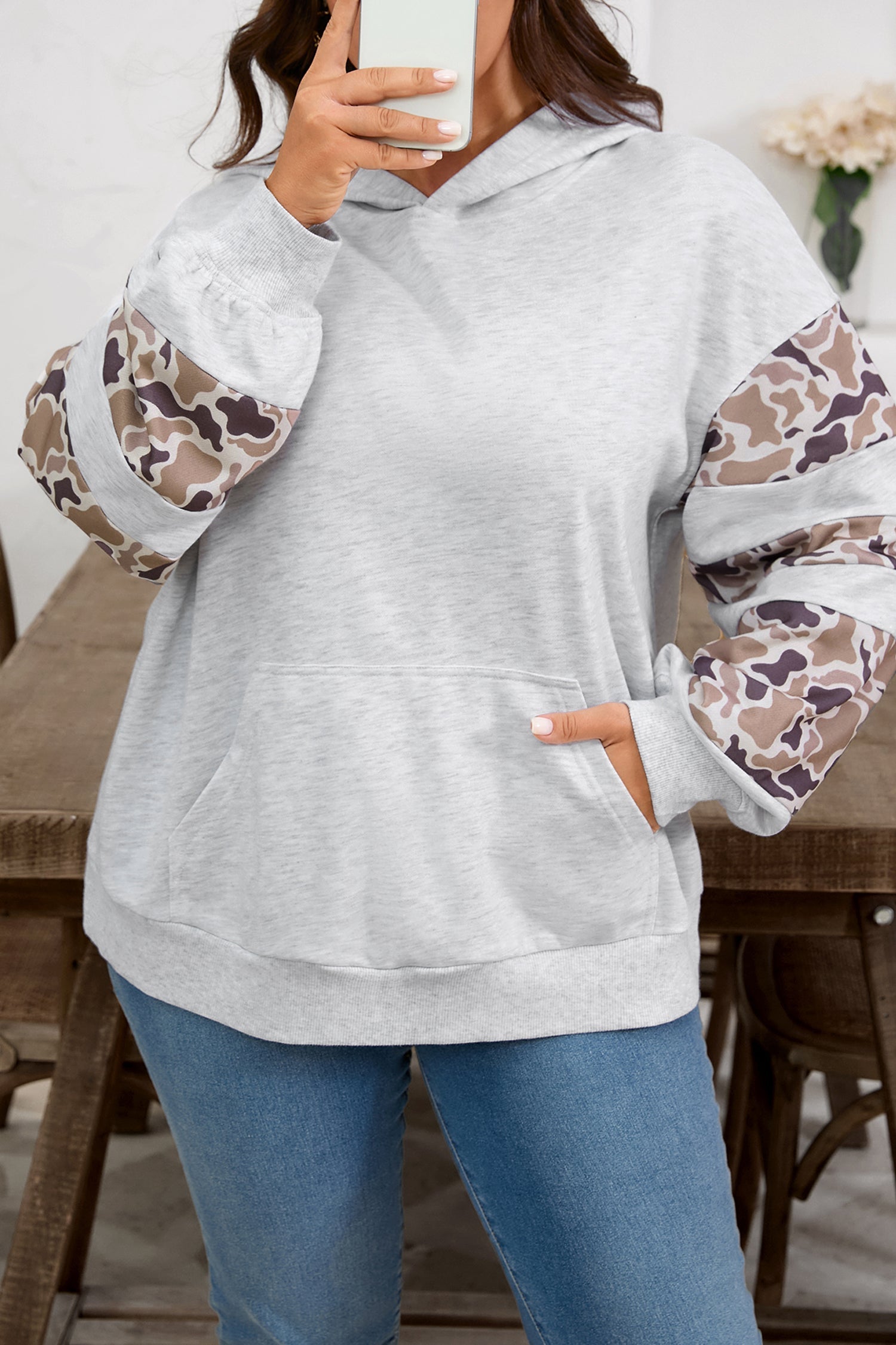 Light Grey Camouflage Patchwork Asymmetric Sleeve Plus Size Hoodie Garden Naked Curves