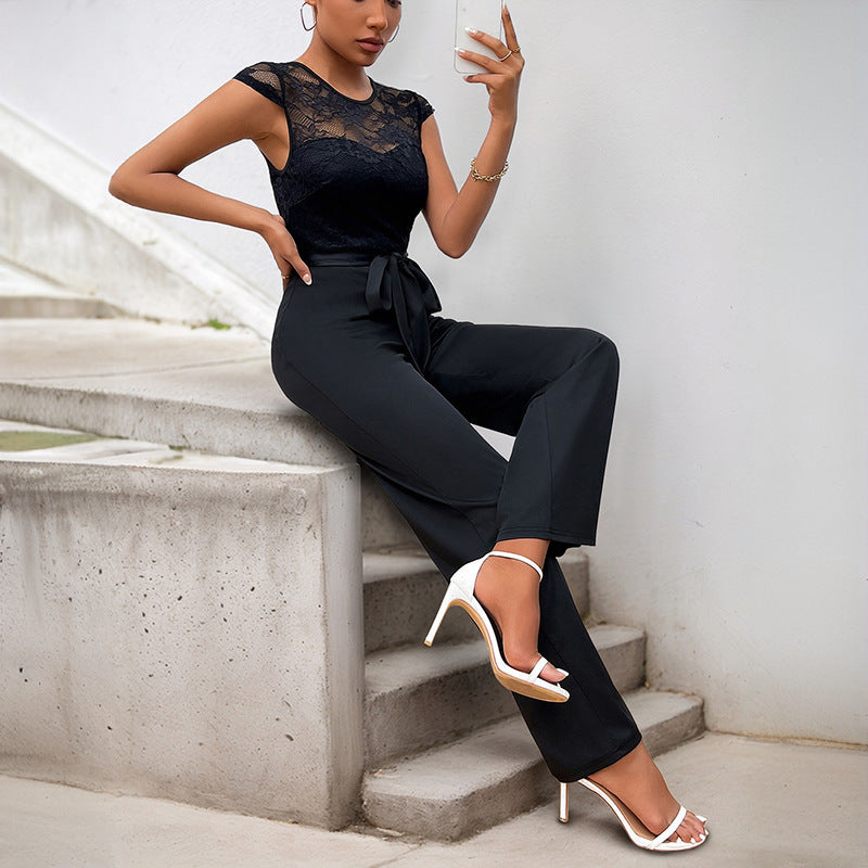Lace Stitching Sleeveless Jumpsuit High Waist Grayceful LLC