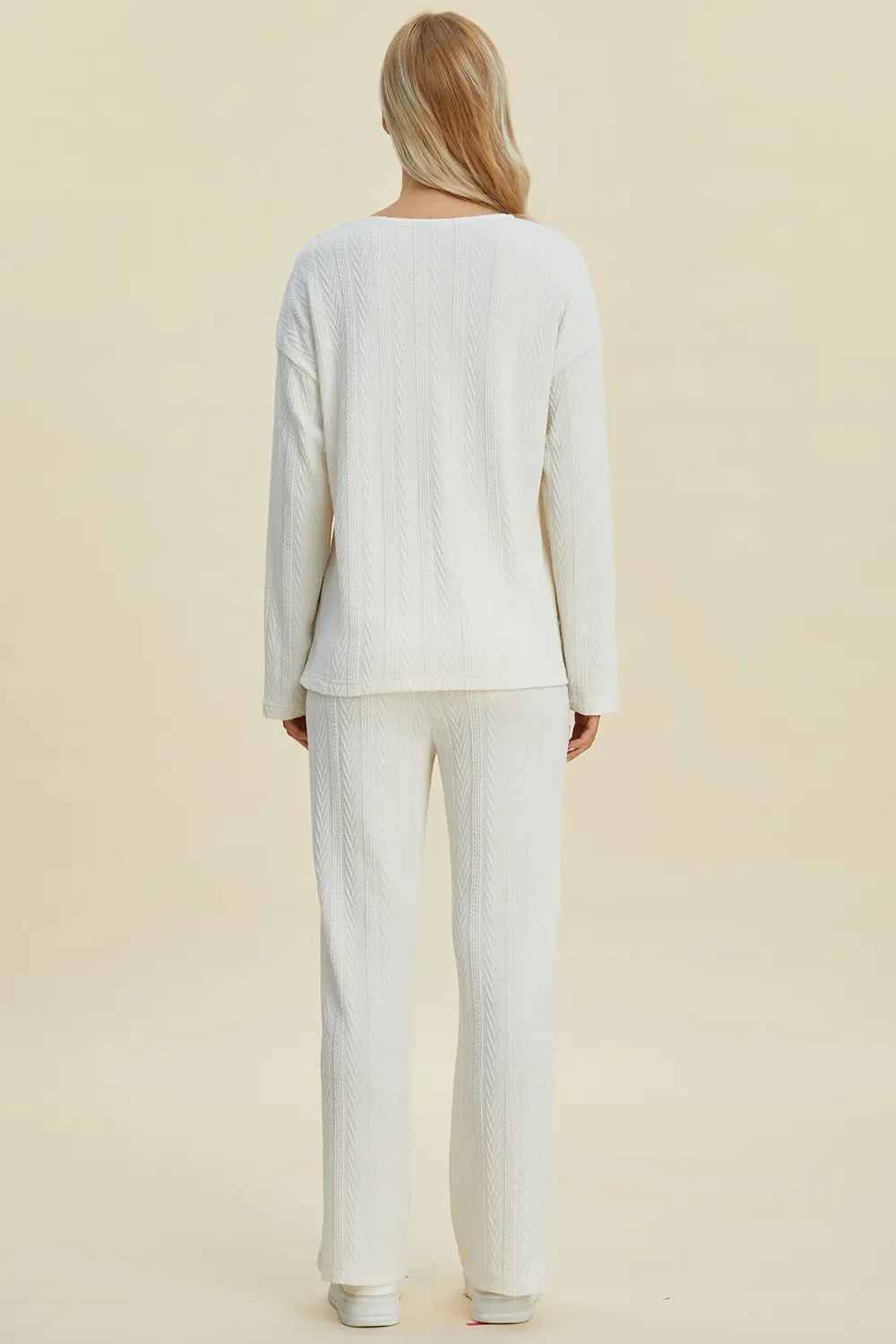 Double Take Full Size Cable-Knit Long Sleeve Top and Pants Set West2East Surf
