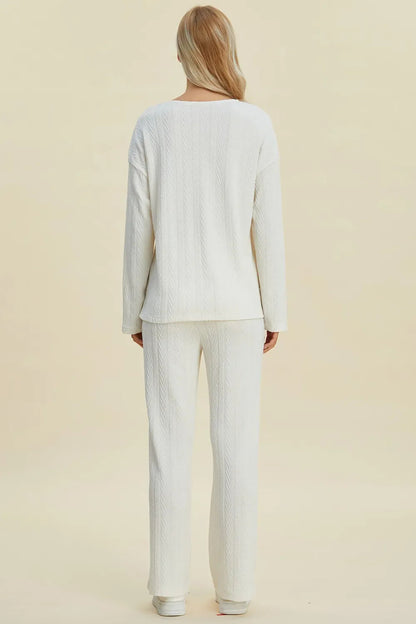 Double Take Full Size Cable-Knit Long Sleeve Top and Pants Set West2East Surf
