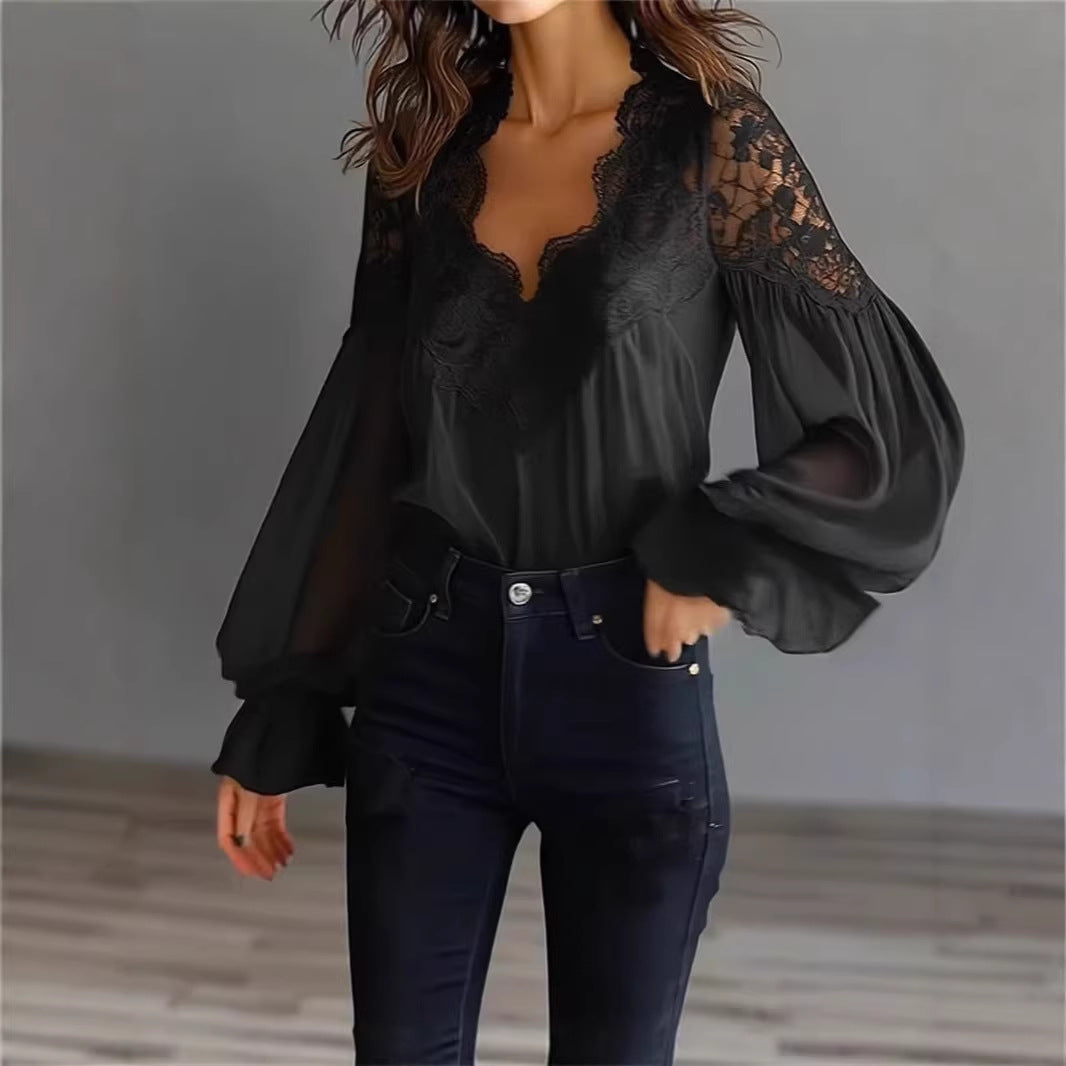 Lace-Panel Puff Sleeve Pleated Ruffle Shirt | Ballet Style FitiqueFit