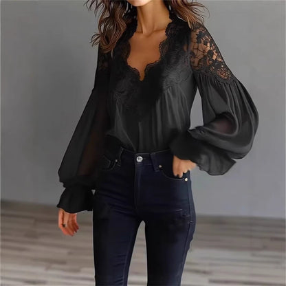 Lace-Panel Puff Sleeve Pleated Ruffle Shirt | Ballet Style FitiqueFit