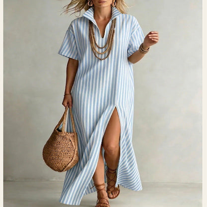 Women's Striped Slit Cotton-Linen Maxi Dress – V-Neck Short Sleeve FitiqueFit