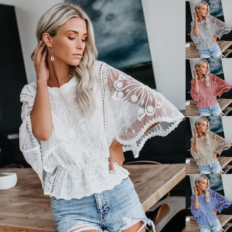 Women’s Lace Trim Top Short Sleeve Batwing Shirt FitiqueFit