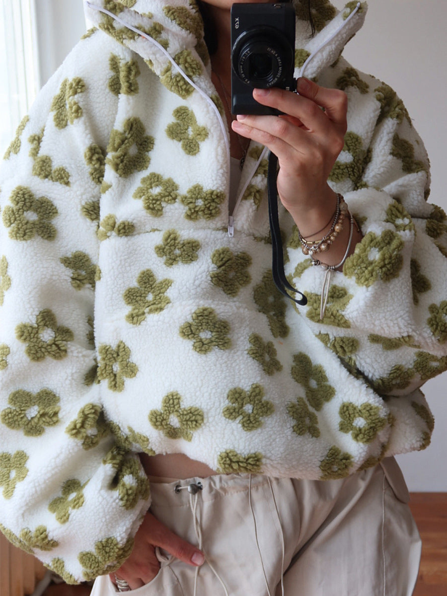 Winter Flowers Lambskin Sweatshirt Women | Cozy Zip-Up Pocket Pullover FitiqueFit