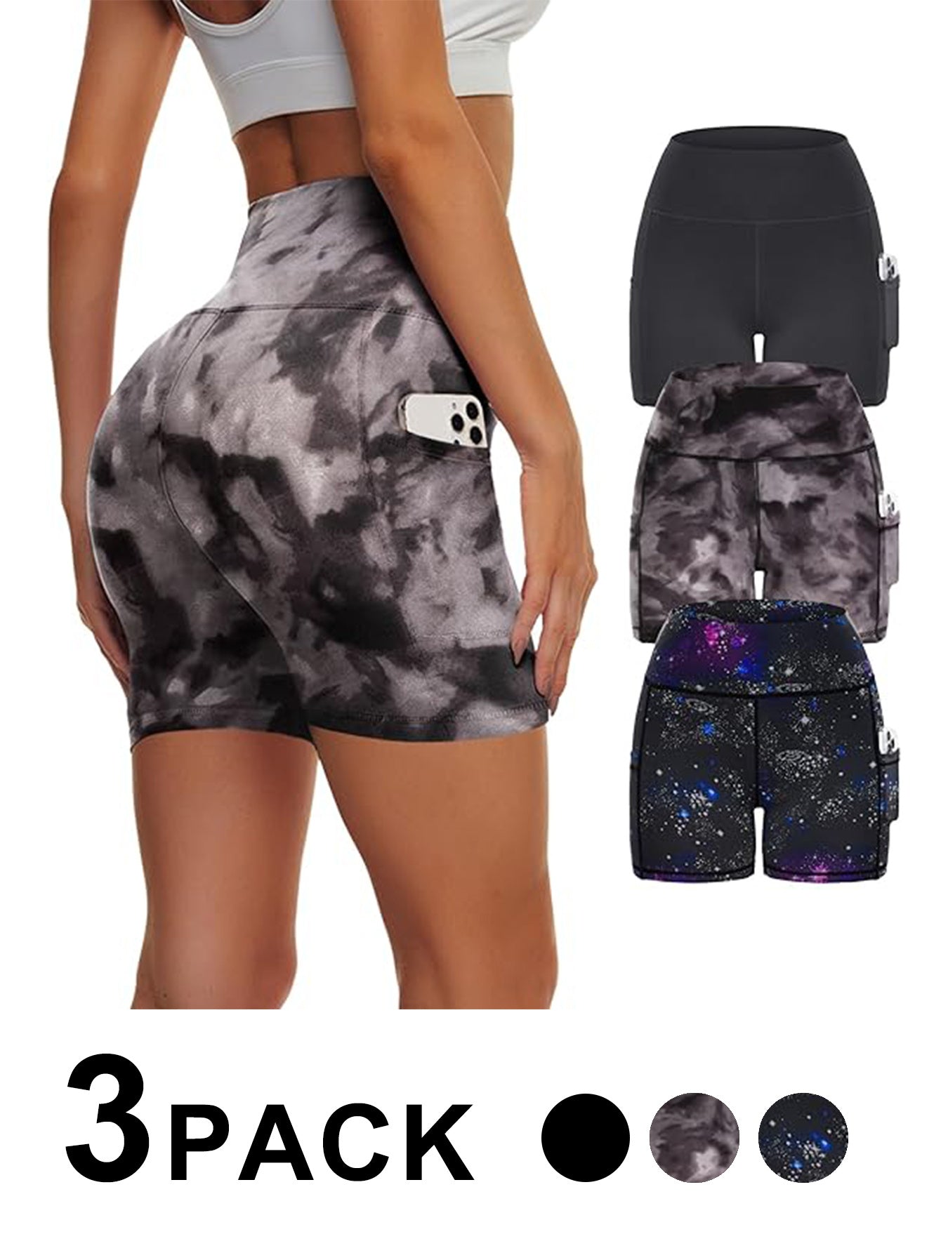 High Waisted Yoga Leggings 3 Pack – Tie-Dye Starry Sky Workout Pants FitiqueFit