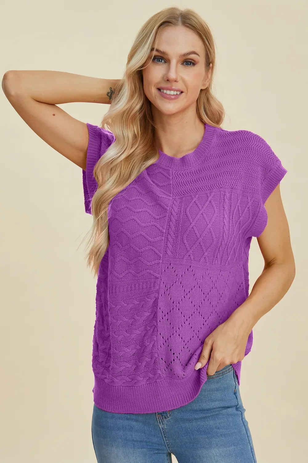 Double Take Full Size Cable-Knit Round Neck Cap Sleeve Sweater New Era Fashion LLc