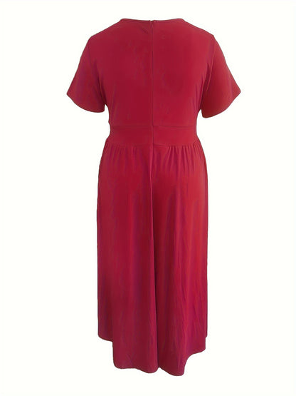 Plus Size Solid Short Sleeve Maxi Dress, Women's Plus Medium Stretch Elegant Long Dress NovaCart