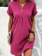 Button-Front V-Neck Dress – Short Sleeve Solid Casual Shirt Dress FitiqueFit