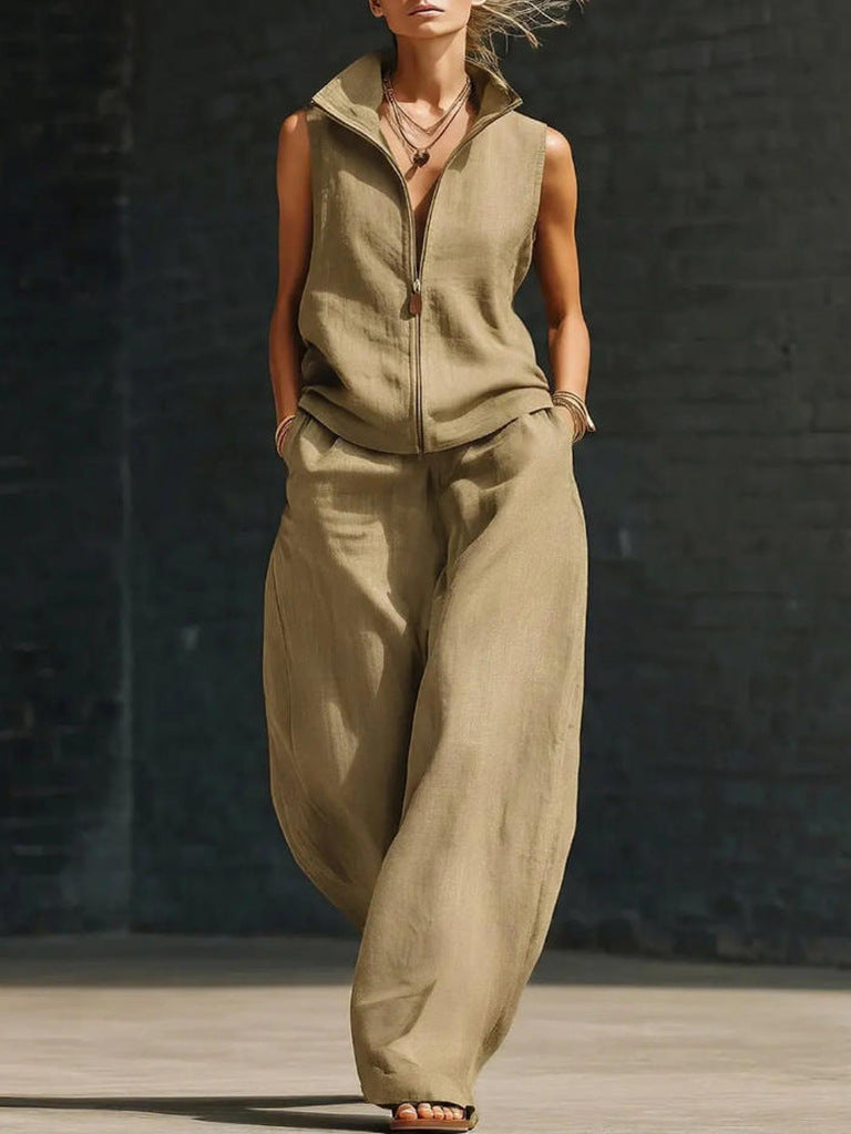 Women's Sleeveless Zippered Linen Two-Piece Set FitiqueFit