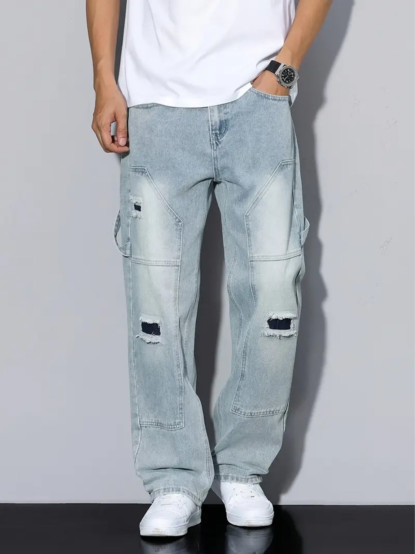 Men's Light Blue Ripped Jeans, Loose Straight Leg, All Season Wear New Era Fashion LLc