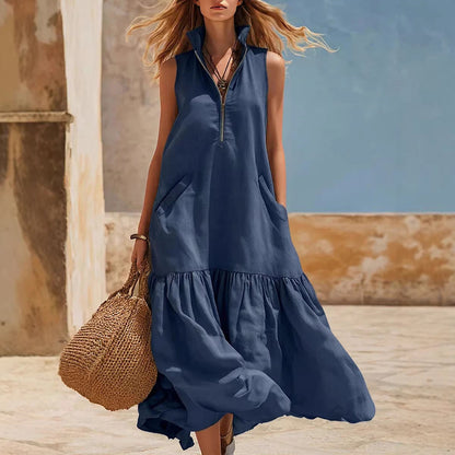 Women's Sleeveless Resort Dress – Loose Fit Zipper Detail FitiqueFit