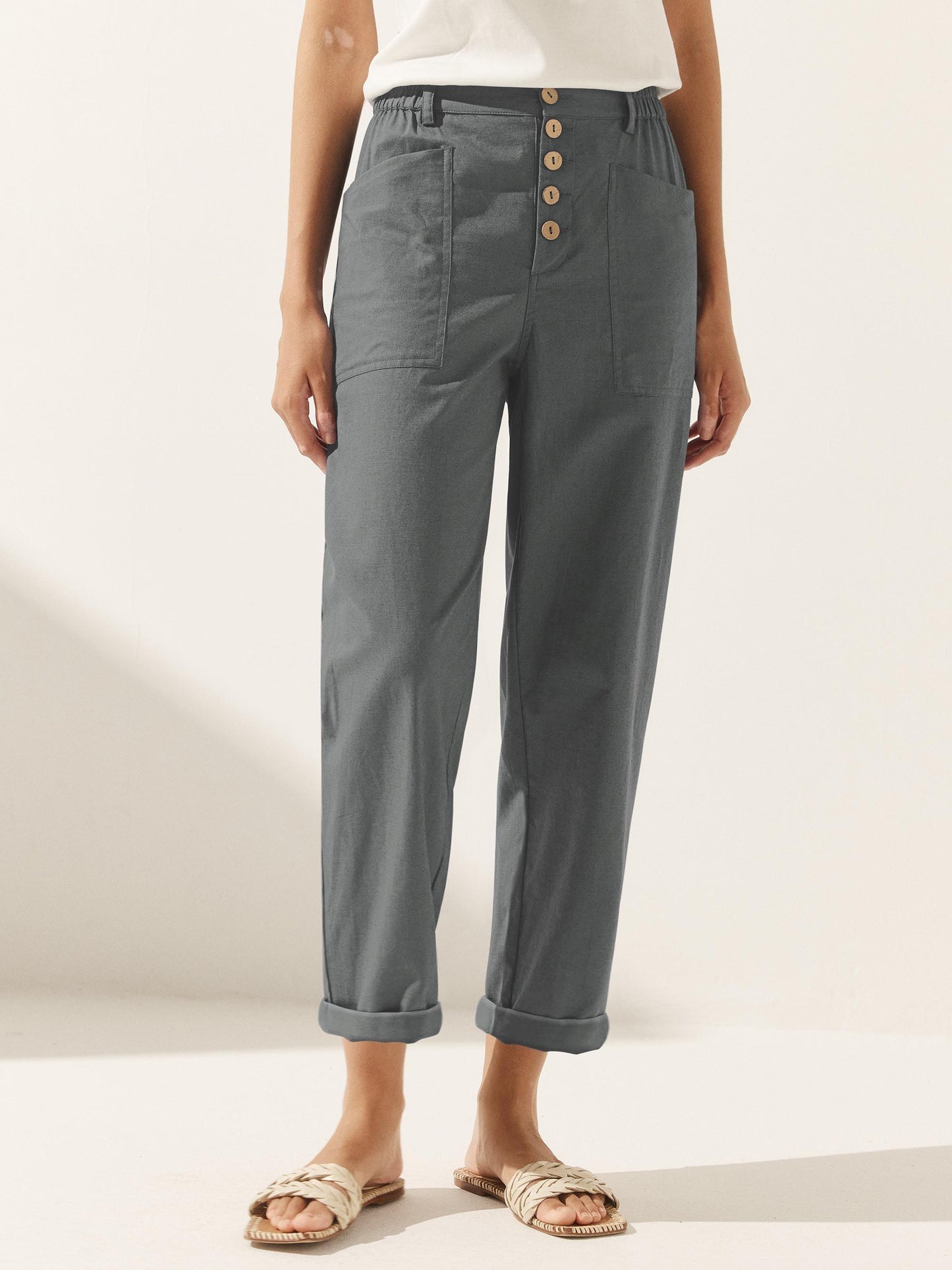 Linen Simple Button Fly Trousers HEIDI LINTICO