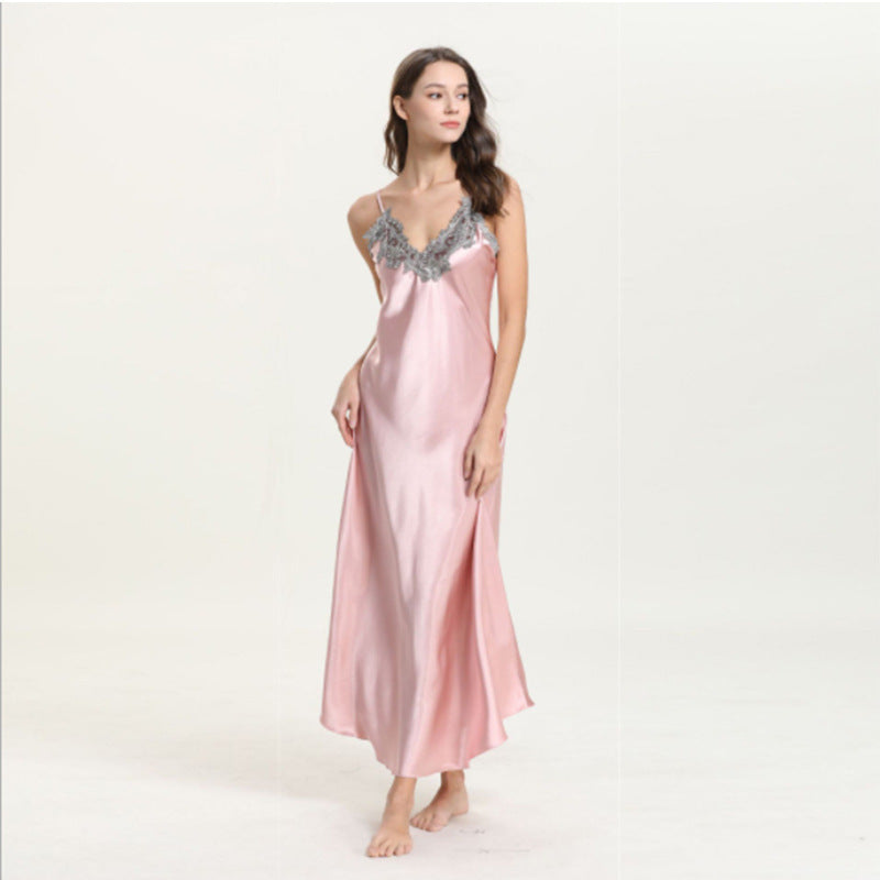 Imitated Silk Lace Sexy V-neck Long Slip Nightdress Pajamas Homewear Grayceful LLC