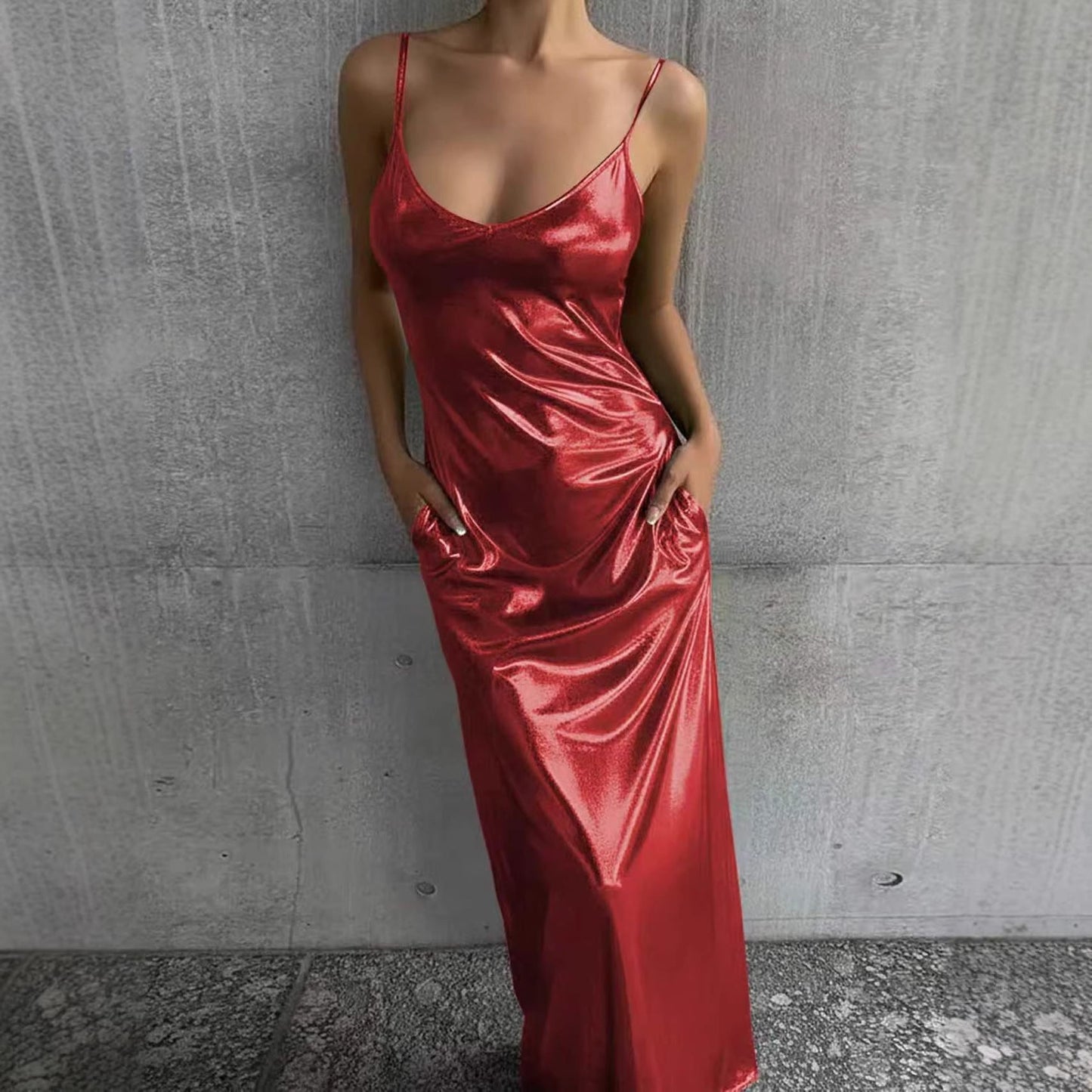 Textured Mirror-Finish U-Neck Slip Maxi Dress with Pockets FitiqueFit