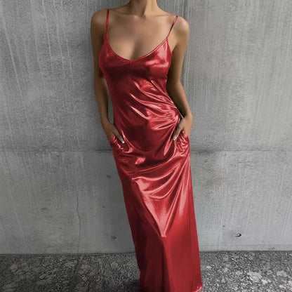 Textured Mirror-Finish U-Neck Slip Maxi Dress with Pockets FitiqueFit