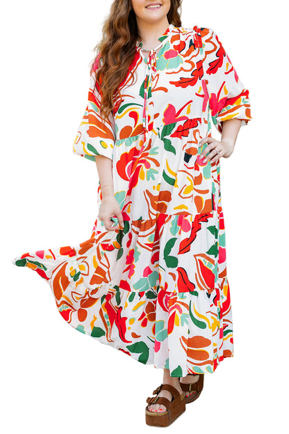 Orange Floral Print Drawstring V Neck Tiered Plus Size Dress Garden Naked Curves