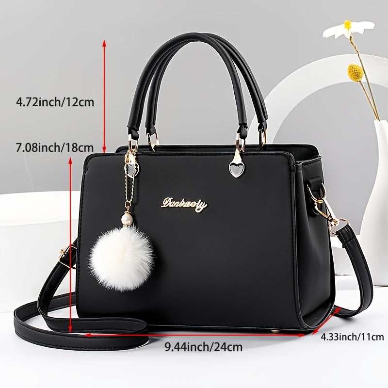 Solid Color Faux Leather Shoulder Bag - Detachable Strap, Zip Closure, Multi-Layer Crossbody Design, Polyester Lining, Fade-Resistant, Pom-Pom Pendant - The Perfect Holiday Gift for Valentine'S Day, Mother'S Day NovaCart